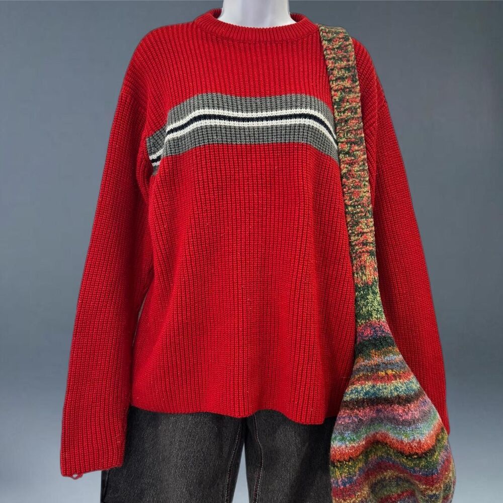 Vintage Aeropostale Red Grey Striped Knit Sweater Size M Skater Grunge Acrylic